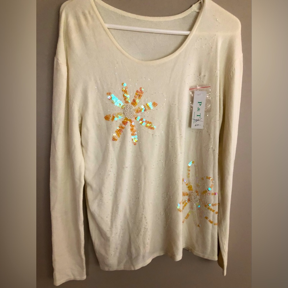 NWT P & T Cream Sweater w/ Sun Embellishments  Orig $120  Size L
